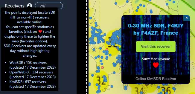 SDR software defined radio receivers on HamDXMap